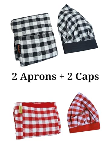 Image of Switchon Checkered Cotton Kitchen Cooking Apron with Chef Hat - Pack of 2 | Multi-Purpose Chef & Waiter Apron for Men & Women | Home, Hotels, Restaurants & Cafes | Proudly Made in India