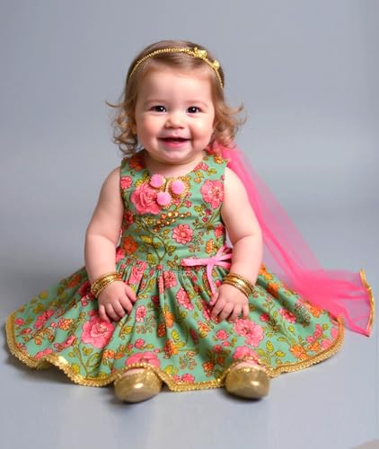 Image of A.T.U.N. (ALL THINGS UBER NICE) Baby Girls Cotton Ethnic Floral Lehenga Choli Set with Lace & Dupatta | Traditional 3-Piece Festive Outfit for Kids