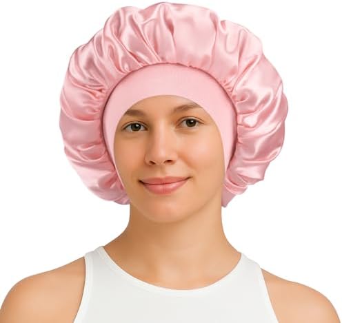 Silk Satin Bonnet for Sleeping Women, Double Layer Silk Satin Sleep Cap with Elastic Band for Natural Curly Hair(1Pcs,Pink)