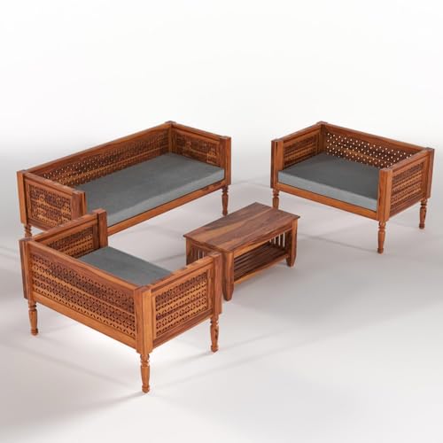 Image of Sheesham Wooden 7 Seater SofaSet for Living Room | Rosewood Cushion Sofa | Solid Wood Sofa Set for Lounge (Honey with Grey Cushion, 7 Seater)
