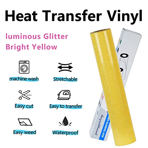 Image of guangyintong Heat Transfer Vinyl Glow Glitter HTV Rolls, Yellow 12 inch x 25ft