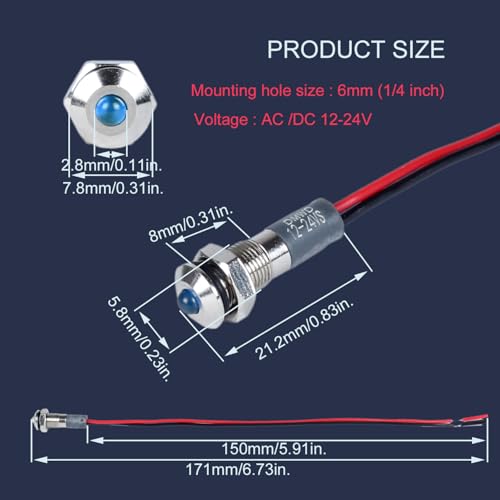 Luz LED Indicadora Azul 12-24V 6mm Cabeza Elevada 5 Pcs miniatura 2