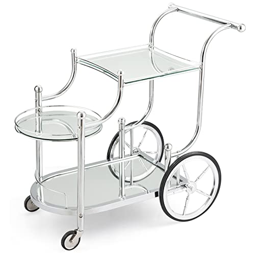 COSTWAY Glass Rolling Bar Cart, Rolling Serving Cart with 3-tier Shelf, Directional Wheels & Universal Wheels, Mobile Wine Tea Serving Cart for Hotel, Club & Home