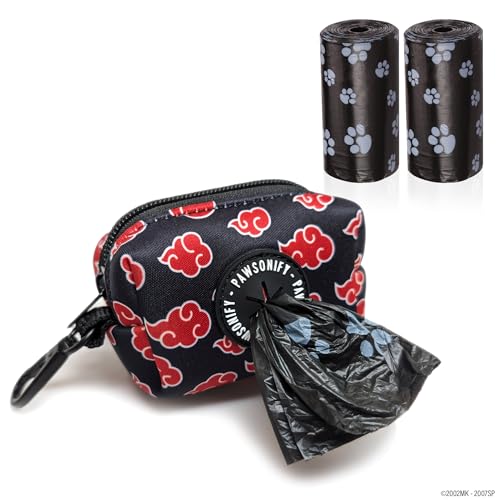 Akatsuki Dog Poop Bag Holder for Leash + 2 Bag Rolls: Officially Licensed Naruto Akatsuki Cloak Inspired Black & Red Clip on Dog Bag Holder Leash Attachment Dog Poop Bag Dispenser & Doggie Waste Bags