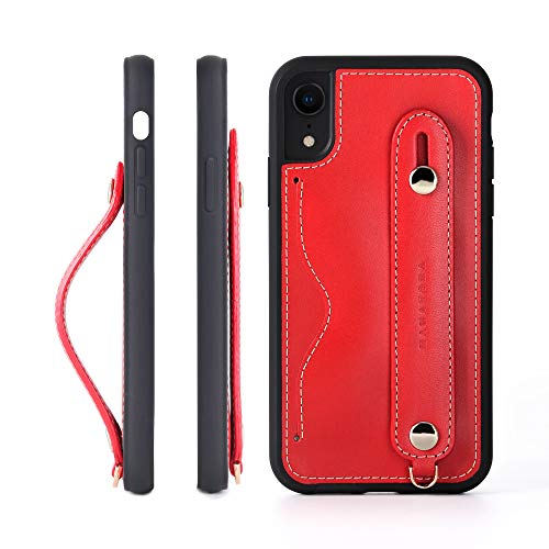 HANATORA,iPhone XR グリップケース レザー 本革 ストラップ付属 イタリア製牛革 ヌメ革 片手操作 カード収納 スタンド機能 メンズ レディース レッド CGH-XR-Red