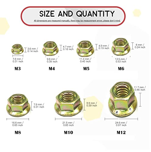 Image of Yellow Coated Flange Head Hexagonal Nuts 7 Sizes M3, M4, M5, M6, M8, M10, M12 665 Pcs Assortment Pack