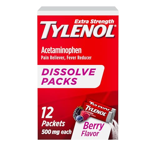 Tylenol Extra Strength Dissolve Packs 500 mg Acetaminophen Pain Reliever & Fever Reducer On-the-Go Powder Packets for Minor Aches & Pains Ibuprofen- & Aspirin-Free Berry Flavor 12 ct