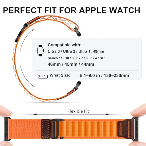 Image of MRAIN-H Leather Design Compatible with Apple Watch Bands Ultra 3 2 1 (49mm) & Series 11 10 9 8 7 6 5 4 SE 3 2 1 (46mm 45mm 44mm), Soft Stretchy Nylon Sport Band for iWatch Men Women