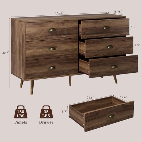 Image of LYNSOM Walnut Dresser for Bedroom, 6 Drawer Dresser with Half Moon Cup Metal Knob, Vintage Dressers & Chests of Drawers Living Room, Hallway, Entryway