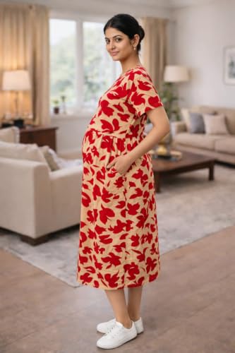 Image of Maternity Feeding Maxi Dress with Pockets, Green Butterfly Print, Zipless Long Pregnancy Gown, Pre & Post Maternity Wear Ankle Length