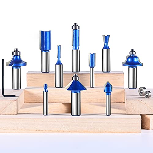 1/4” and 1/2” Shank Router Bit Set 10pcs, Carbide Tip All-Purpose Professional Router Bits Set for Straight, Mortising, Surface Forming, Edging, Trimming, Dovetail Joinery, Etc.