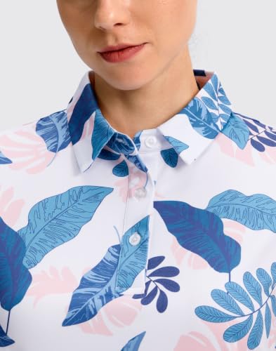 SANTINY Golf Polo Shirts for Women Short Sleeve Quick Dry 3 Buttons Collared Pickleball Shirt Summer Golf Tennis Tops (Pink & Blue Leaves_2XL) — view 4