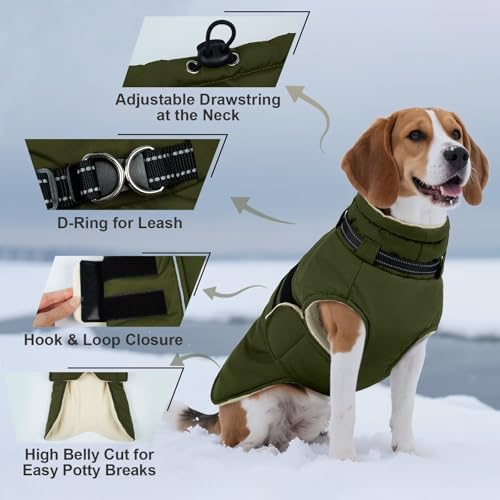IECOii Winterjacken & Wintermäntel Für Hunde,XXXXL Haken & Schleife Hundejacke,Fleecemantel Hund,Wintermantel Hund Wasserdicht,Wintermantel Für Große Hunde,Einfaches EIN/Ausschalten,Armeegrön,4XL
