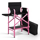 mefeir 30' Tall Director's Chair with Carry Bag & Retractable Side Table, Portable Folding Makeup Artist Chair, Aluminum Frame, 300 lbs Capacity - Pink & Black, for Salon, Outdoor