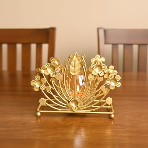 Image of MARKET 99 Metal+Glass Single Votive T-Light Holder Leaf Shape | Decorative Candle Holder for Christmas, Diwali, Birthday & Wedding | Elegant Home Decor Accent for Festive & Ambient Lighting - Golden