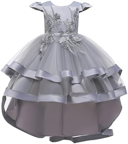 Girl Frilly Princess Dress Cap Sleeve Back Zipper Tulle Grey 110cm 3-4years