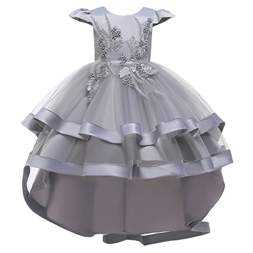 Girl Frilly Princess Dress Cap Sleeve Back Zipper Tulle Grey 110Cm 3-4Years #TOP22