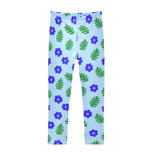 Girls' Athletic Leggings Ankle Length Yoga Dance Pants Kids Teen 4T Blue Flowers