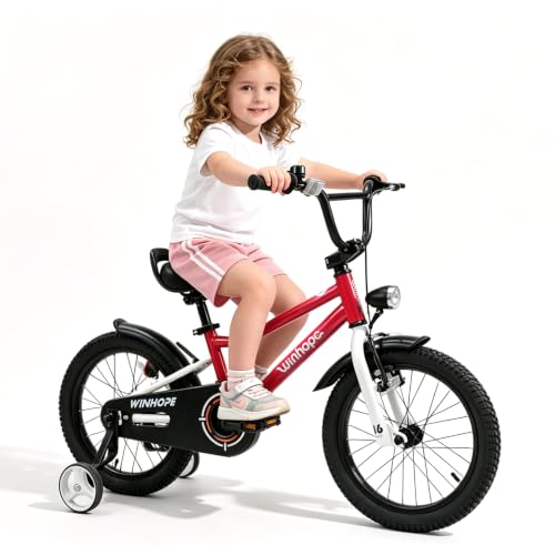 Image of WinHope Kids Bike with Headlight, 12-20 Inch Pedal Bike for 2-12 Boys Girls | Dual Brake with Training Wheels Water Bottle for Summer Outdoor Riding Birthday Gift for Toddlers