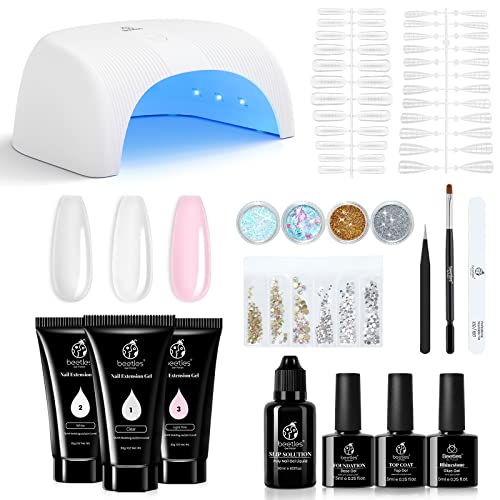 Beetles Poly Extension Gel Nail Kit , 30G Clear/White/Pink Nail Extension Gel With 36W Nail Lamp Slip Solution Rhinestones Glue Gel With Nail Art Accessories Decoration Manicure Beginner Starter Kit #TOP6