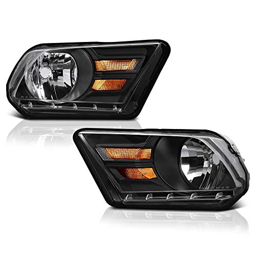 VIPMOTOZ Black OE-Style Headlights Compatible With 2010-2012 Ford Mustang Halogen Model Black Housing Clear Lens Driver & Passenger Side Headlamp Assembly Replacement Pair Set