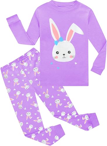 EULLA Kinder Mädchen Schlafanzüge Langarm Baumwolle Winter Pyjama Set Hase Zweiteilig Nachtwäsche 5 Jahre alt E-Lila Hase DE 110