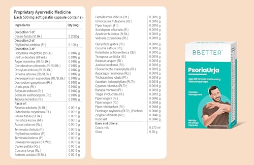 BBETTER PsoriaUrja - Lab Tested Ayurvedic Medicine for Skin Health Management | Made using Sneha Paka Vidhi method | 60 softgels