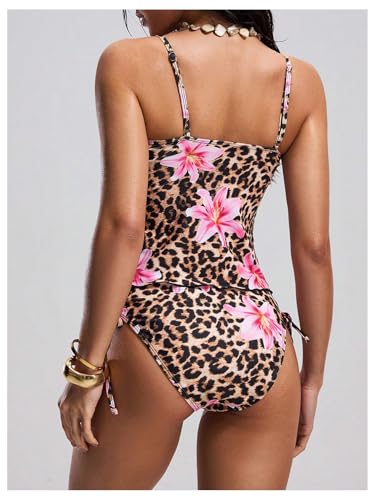 Floerns Women's 2 Piece Swimsuit Y2k Cheetah Floral Ruffle Cami Top Ruched Drawstring Tie Side Tankini Set2