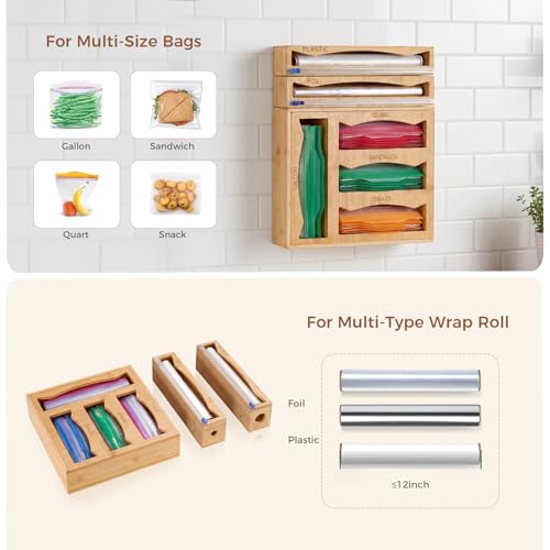 6-in-1 Bamboo Kitchen Drawer Organizer for Storage Bag, Foil & Plastic Wrap