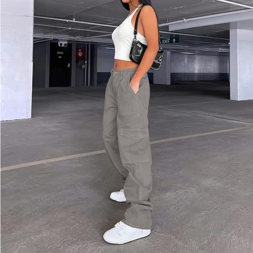 Image of Lepunuo Cargo Pants for Women High Waisted Casual Pants Baggy Stretchy Wide Leg Y2K Streetwear with 6 Pockets