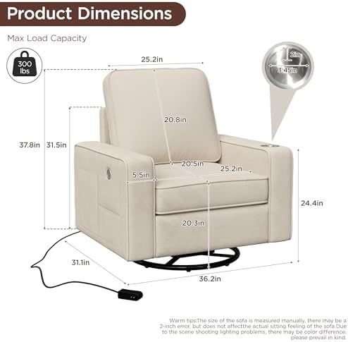 swivel accent chair showing USB Type-C port and side pocket