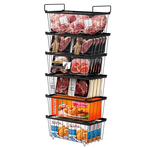 Teodute 6 Piezas Cesta de Congelación, Almacenamiento de Congeladores Apilables con Mango, Adecuada para Metálica de Gran Capacidad de Congeladores 198L (Negro)