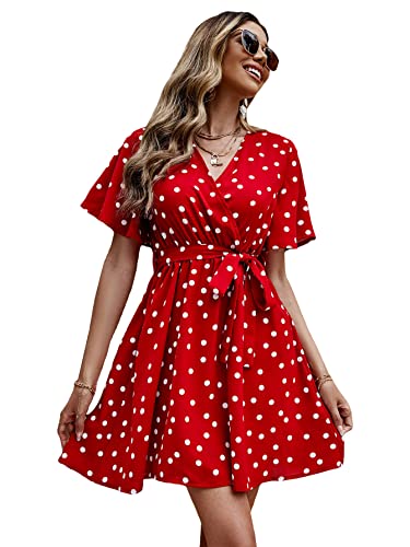 Shein Women's Floral Tie Front Ruffle Mini Dress V Neck Short Sleeve A Line Flare Dresses Red Polka Dots X-Small #TOP3