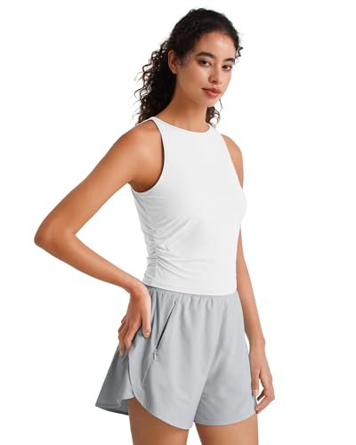 Image of G4Free Skimetic Workout Tank Tops for Women Side Ruched Sleeveless High Neck Crop Top Summer Athletic Gym Shirts