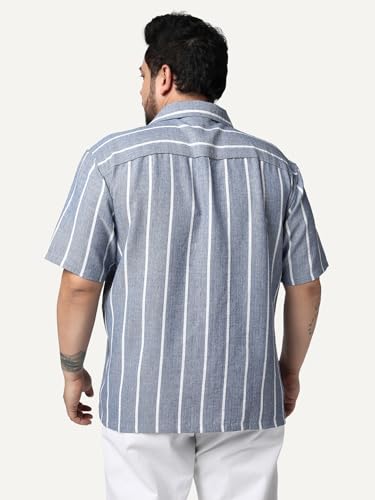 Image of Urbano Plus Men's Cotton Half Sleeve Relaxed Fit Linen Striped Shirt with Cuban Collar