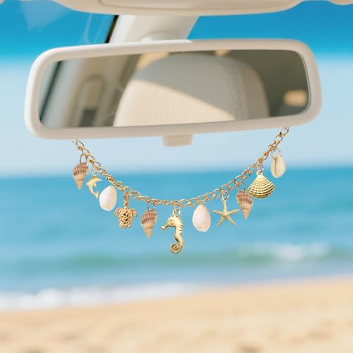 CusDusk Sea Shell Car Decorations Interior-Rearview Mirror Accessories, Ocean Starfish Conch Car...