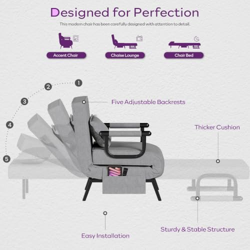 Image of TYBOATLE Sleeper Chair Bed Set of 2, Folding Futon Sofa Bed, Light Grey | Comfy, Small, Cozy, Convertible, 5 in 1, Adjustable Backrest, Side Pockets, Pillow, Small Spaces, Office, Dorm