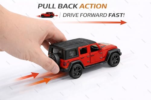 Image of 1:36 Scale Rubicon Car Model - Die-Cast Metal Pull Back SUV with Openable Doors, Lights & Music - Alloy Off-Road Toy Vehicle for Kids, Boys & Collectors (Red)