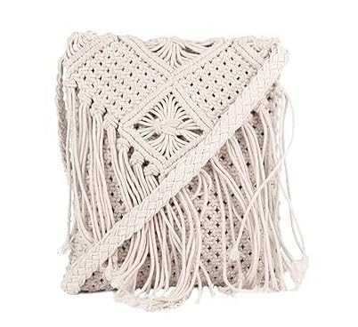 Macrame Bag, Boho Chic Shoulder Tote, Bohemian Crossbody Sling Purse for Girls, Hand woven Hippie handbag Mobile Pouch for Women Fashion, Marriage Party Festival 10x8 Inches, Off-White, 1-Piece