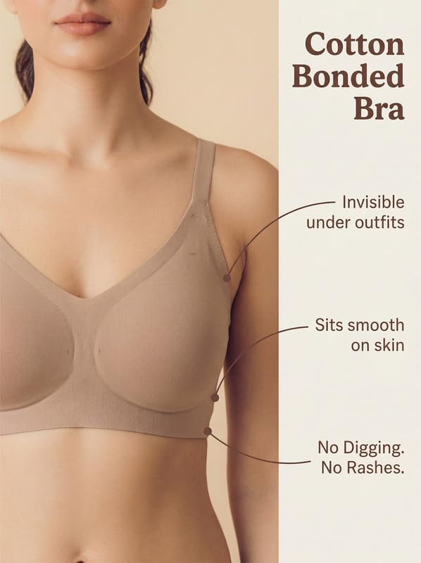 Image of Tweens Cotton Padded Bonded Bra for Women | Full Coverage Wire-Free Bra | Seamless No-Dig Comfort | Breathable Cotton | Elastic-Free Bottom Band & Side Wings | Pack of 1|