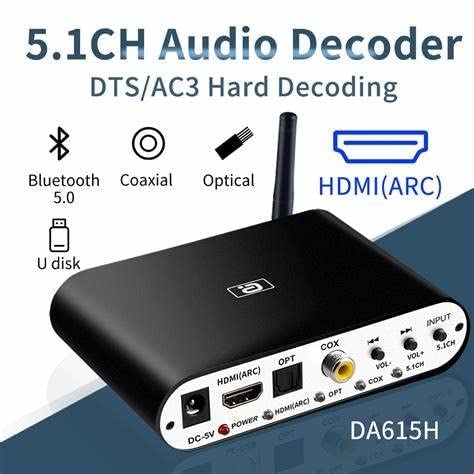 Front and rear view of the AYINO DA615H audio decoder showing all input and output ports.