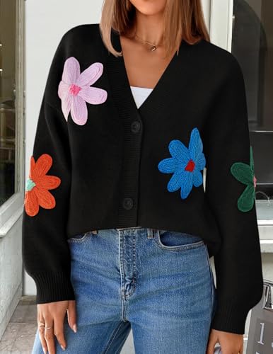 ZESICA Womens Fall Floral Cardigan Sweaters 2025 Casual Long Sleeve Open Front Button Down V Neck Knit Sweater2