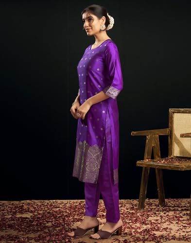 Image of SIRIL Women's Rayon Viscose Banarasi Jacquard Zari Woven Straight Kurta Pant with Dupatta Set