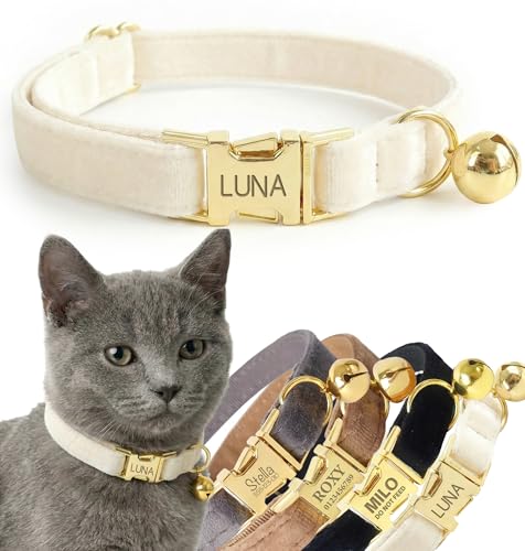Personalized Velvet Cat Collar with Bell Custom Engraved Name and Phone Number Adjustable Luxury Kitten Collar Non-Breakaway Secure ID Collar for Cats and Kittens