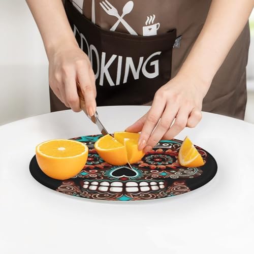Tabla de Cortar Redonda Sugar Skulls Día de Muertos, Fácil de Limpiar, para Cocina, Tamaño Grande 7,9 pulgadas, Ideal para Carnes y Verduras miniatura 7