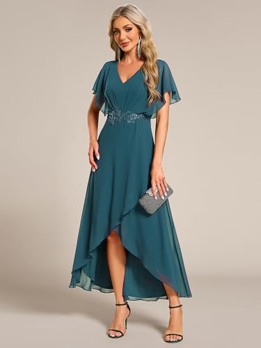 Image of Ever-Pretty Women's Formal Dress A Line V Neck Applique Waist Tea Length Wedding Guest Dress 02027