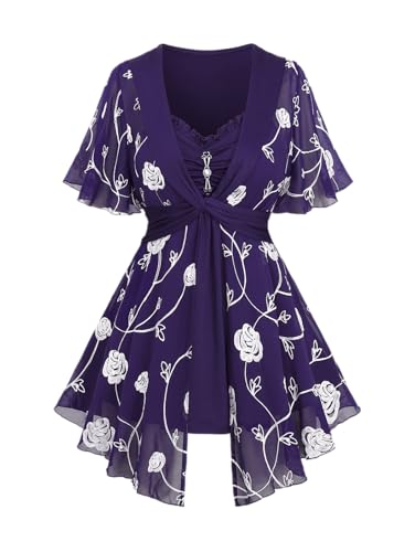 Rosegal Plus Size Womens Embroidery Rose Flowers Chiffon Panel Twist Ruched 2 in 1 Blouse Short Flutter Sleeve Flowy Top(Purple/4X)