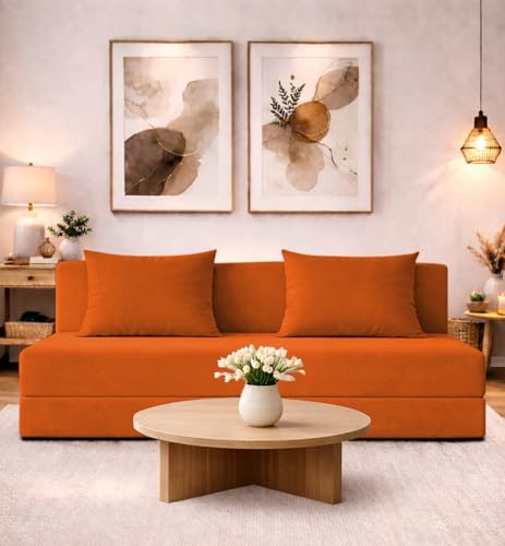 Image of Adorn India Easy 4 Seater Sofa Cum Bed | Velvet Fabric | Orange | Plain Design | 6x6 Ft | Comfortable Seating | Washable Cover | Perfect for Home & Office