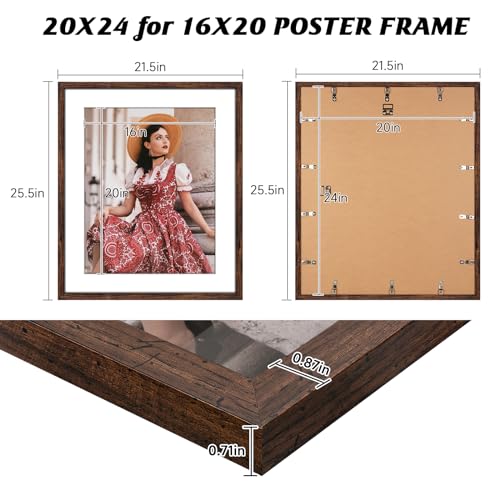 Image of HLiWEGNS Dark Brown 20x24 Frame Set of 3 - Rustic Woodgrain 20 x 24 Poster Frame for Pictures 16x20 with Mat or 20x24 Picture Frame Without mat for Wall Gallery Display - Ideal Christmas Day