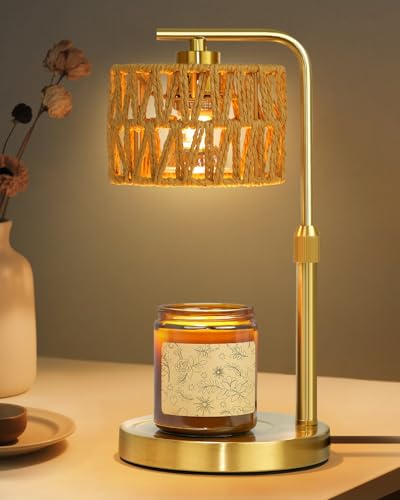 Candle Warmer Lamp with Timer, Dimmable Candle Warmer for Jar Candles, Height Adjustable Candle Lamp Warmer, Boho Rattan Lampshade and 2 Bulbs, Gift for Home Room Decor, Gifts for Women Mom (Gold)